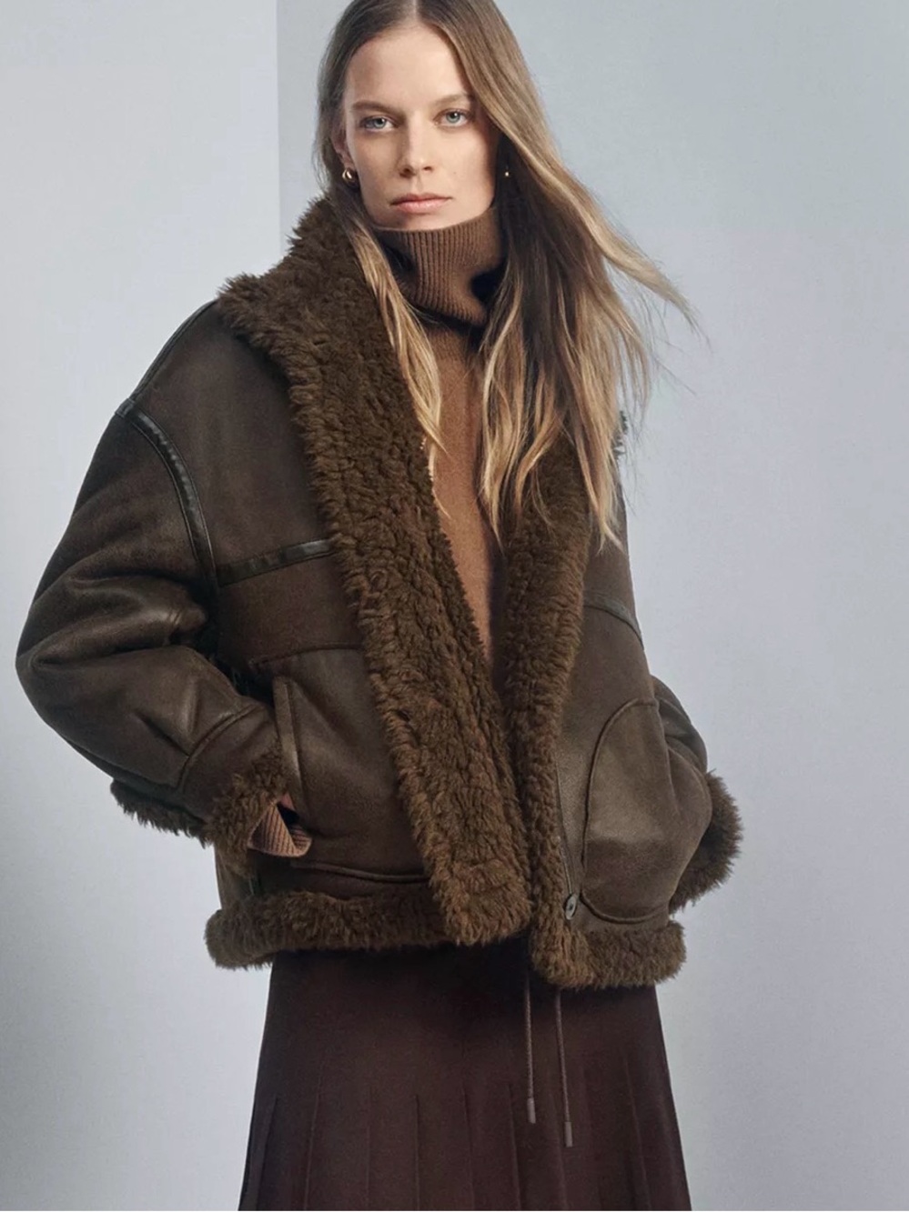 ZARA - NWT - ZW Collection Brown Shearling Bomber Jacket - XL